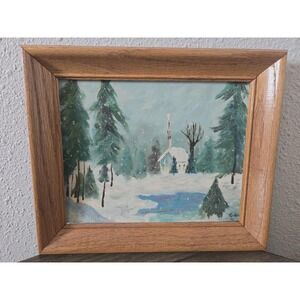 Vintage Winter Landscape Painting Signed Original Framed Snowy Church 12" X 10"